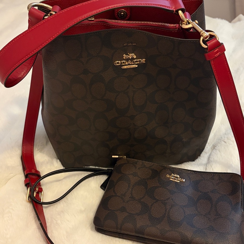 Coach Red and Brown Signature Tote and Pouch